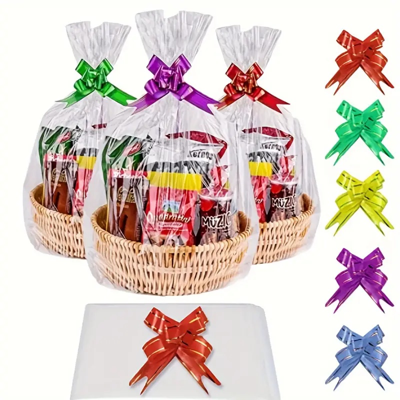Cellophane Wrap Clear - 20/50 ピースの大きな透明セロファンバッグ、弓付き、バスケットやギフトラップのクリスマスデコレーション用