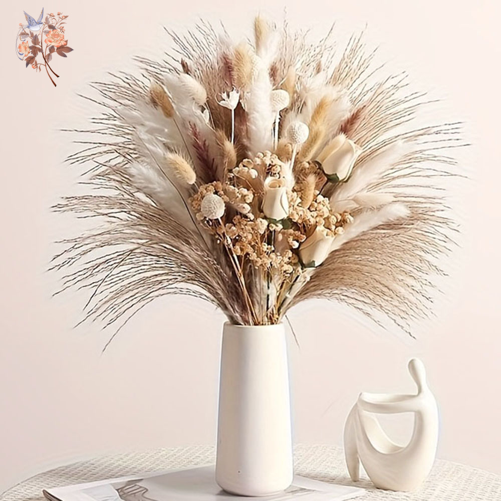 Baby Breath Dried - 80個入り人工ドライフラワーブーケ、インテリアホームテーブルデコレーション用、リアルタッチのフェイクローズ、ベイビーブレス、パンパスグラス、花瓶フィラー