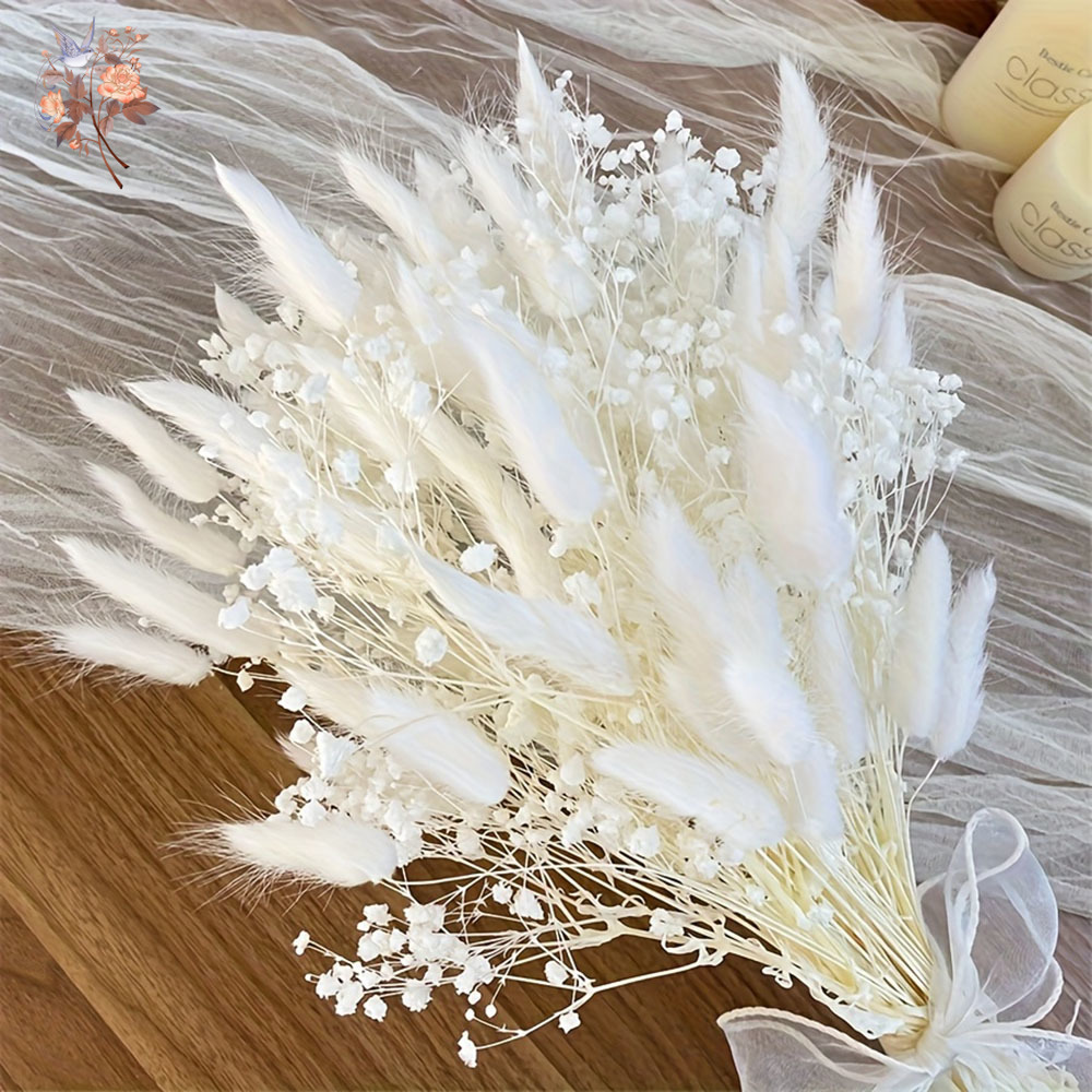 Dried Flower Bunch - 54 個ホワイトドライフラワーブライダルマリアージュブーケナチュラルバニーテール草と数百万の星バンドルガールフレンドカップルギフト