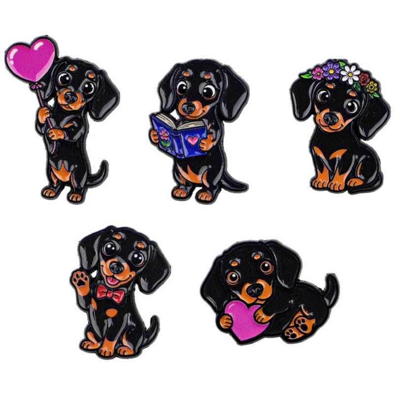 Florist Supplies - 5 個のかわいいダックスフントエナメルピンセットハートフラワーブックボウ犬漫画ブローチバックパック帽子服アクセサリー動物愛好家のギフト