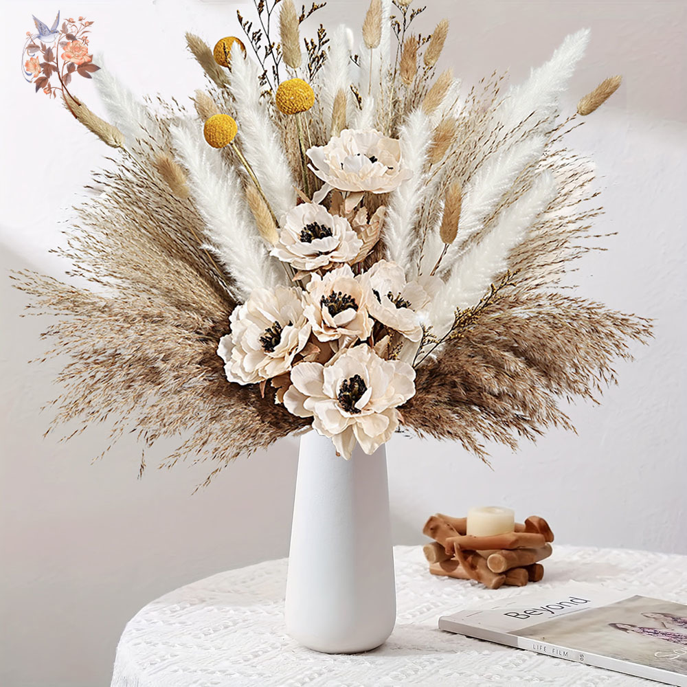 Dried Flower Bunch - 55 個造花花束ふわふわススキミックス偽牡丹モダンラグジュアリーシックな家の装飾ドライフラワーアレンジメント