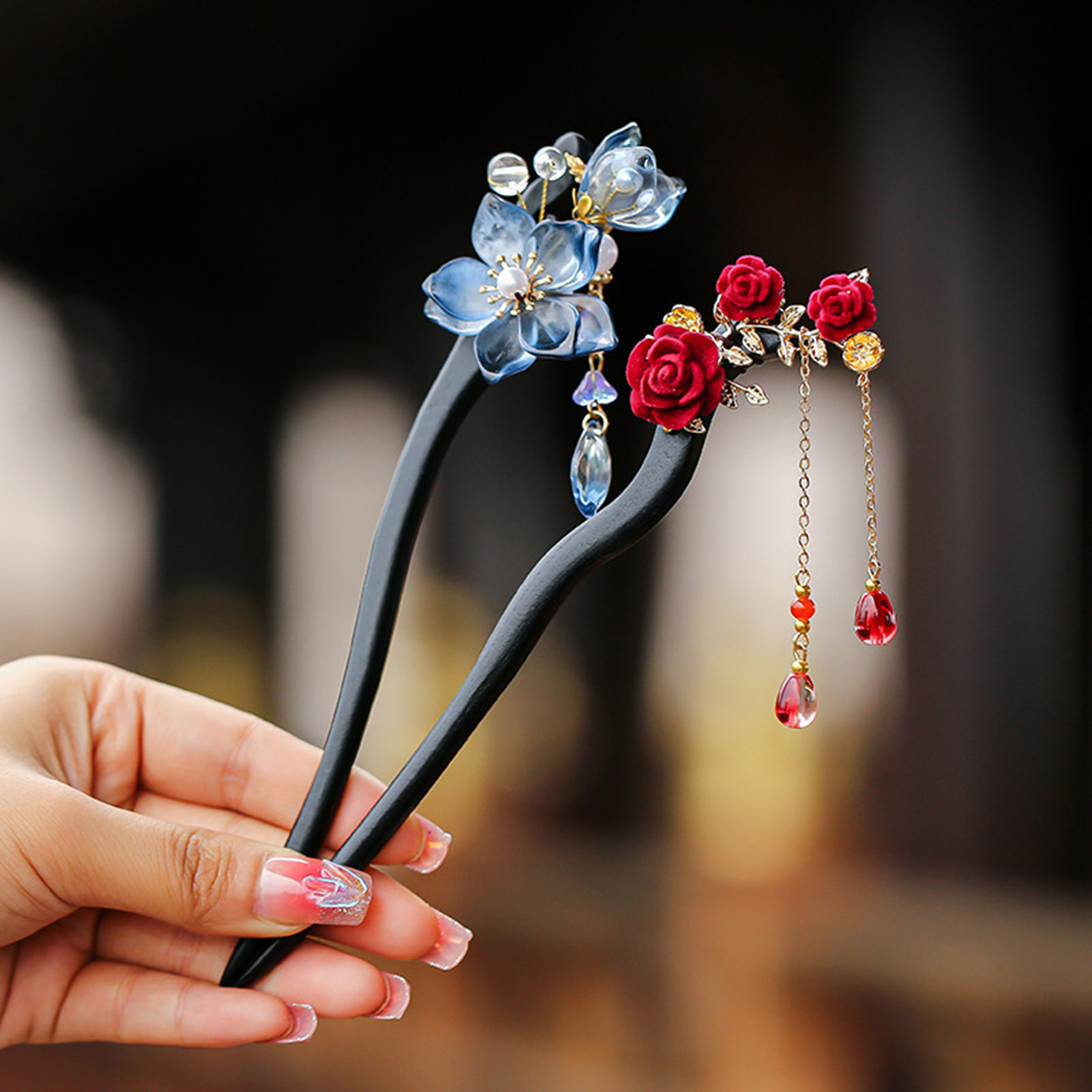 Florist Supplies - 中国風の花のタッセルヘアピンヴィンテージ木製花柄パールヘアスティック絶妙なエレガントなヘアクリップ女の子のヘアアクセサリー