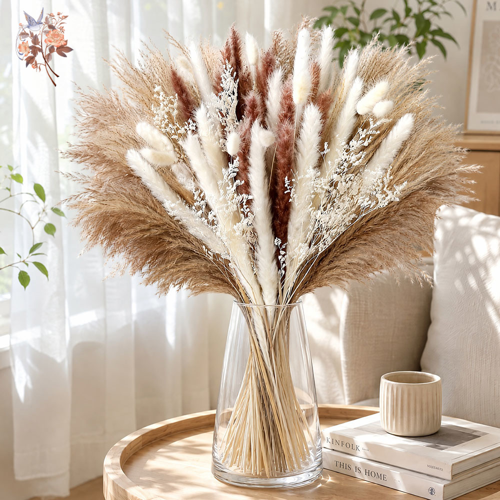 Dried Flower Bunch - 天然ドライフラワーパンパスグラスブーケ、バニーテールグラス、ボヘミアンホームテーブル、ウェディングパーティー、花瓶飾り、農家風インテリアオーナメント