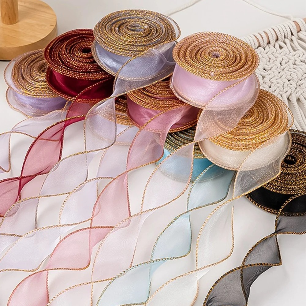 Ribbon Organza Roll - 10ヤード/ロール オーガンザリボン ゴールドエッジフィッシュテールヤーン付き DIYギフトラッピング フラワーウェディングブーケ 誕生日ケーキデコレーション用