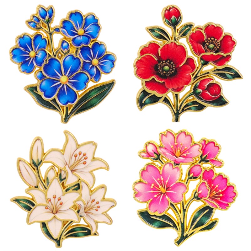 Florist Supplies - かわいいヴィンテージカラフルな花柄エナメルピンユリチェリーポピーブルーフラワーリーフブローチバックパック帽子服植物愛好家毎日のギフト