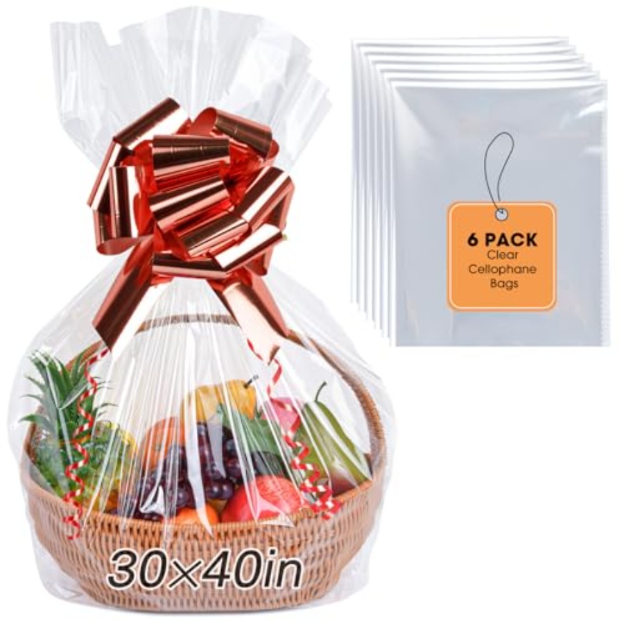 Cellophane Wrap Clear - 特大セロファンバッグ6枚、30x40インチの透明セロファンラップ、ギフトバスケット用、ジャンボサイズの透明ギフトバッグ2.8m