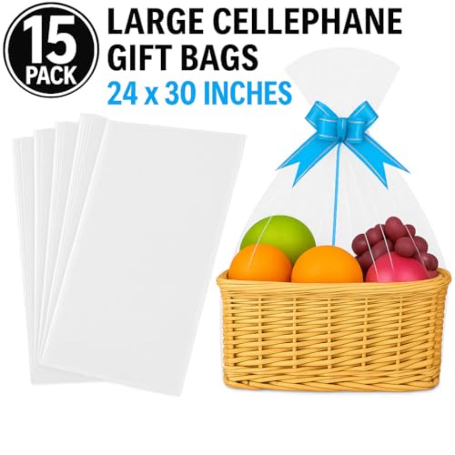 15枚入り 大型透明セロファンギフトバッグ バスケット用 2 - Cellophane Wrap Clear のレビューと価格