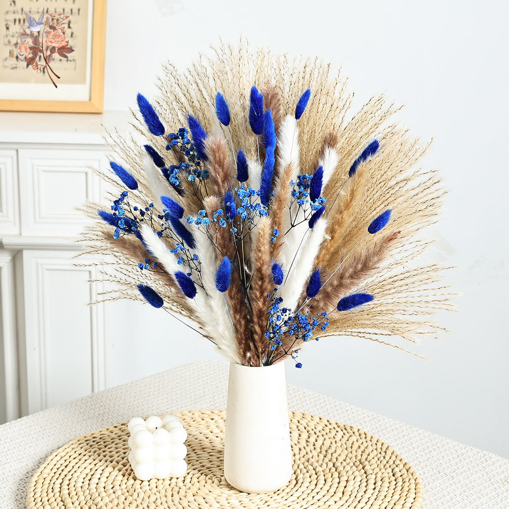 70 茎ブルーふわふわウサギの尻尾ススキの束ドライフラワーブ - Dried Flower Bunch のレビューと価格