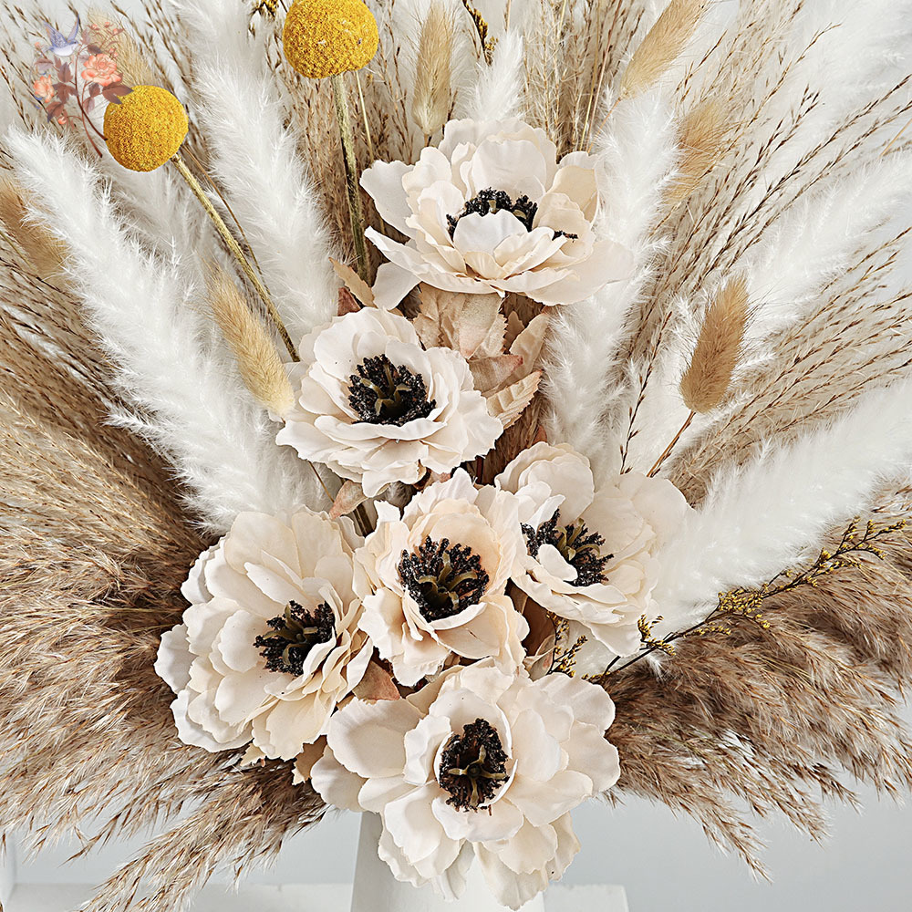 55 個造花花束ふわふわススキミックス偽牡丹モダンラグジュア - Dried Flower Bunch のレビューと価格