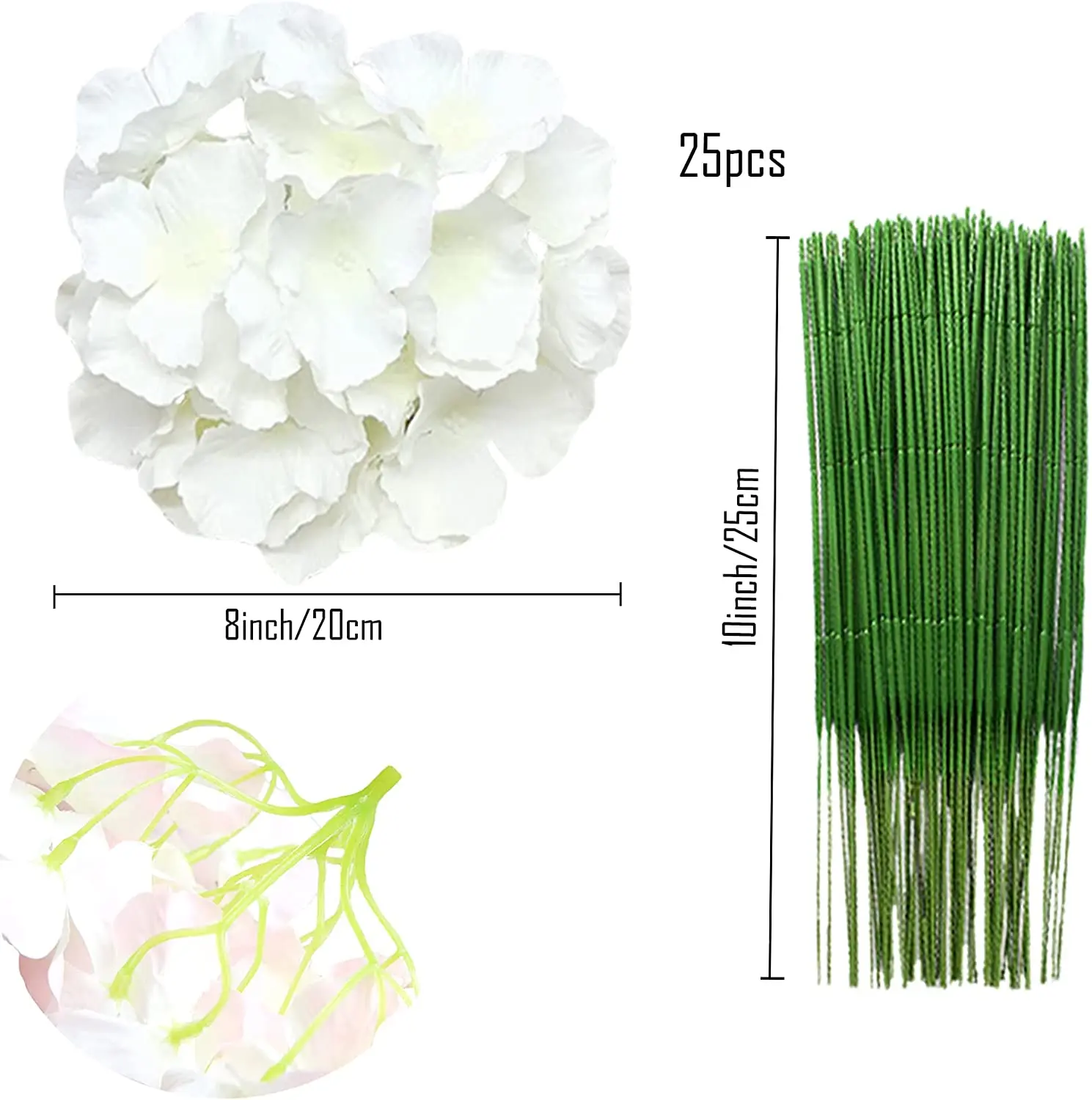 8インチの大きなシルクアジサイ造花ヘッド、茎付き25個入り、 - Florist Supply Bulk のレビューと価格