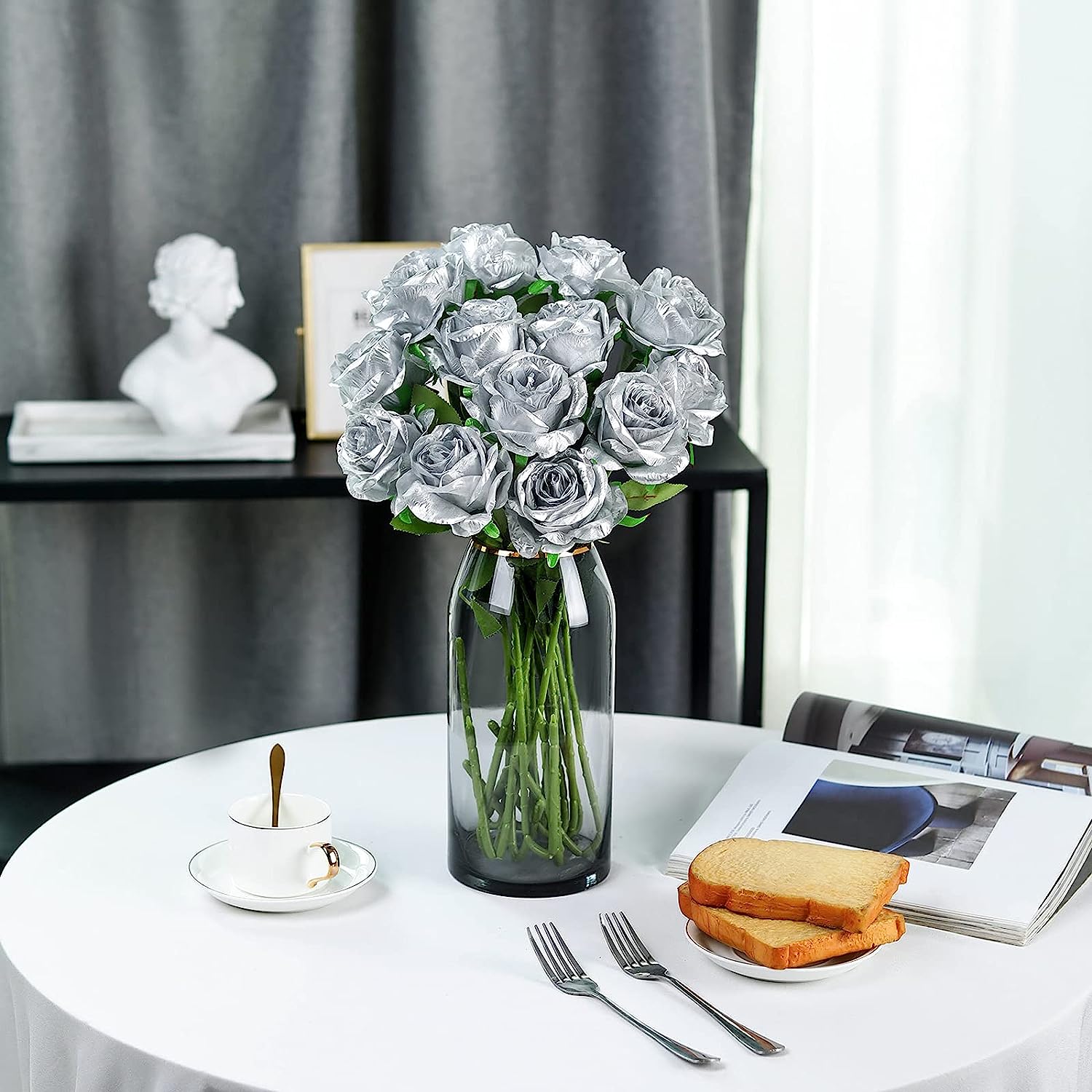 人工シルバーロングステムローズ、家庭、キッチン、寝室の装飾、 - Dried Flower Bunch のレビューと価格