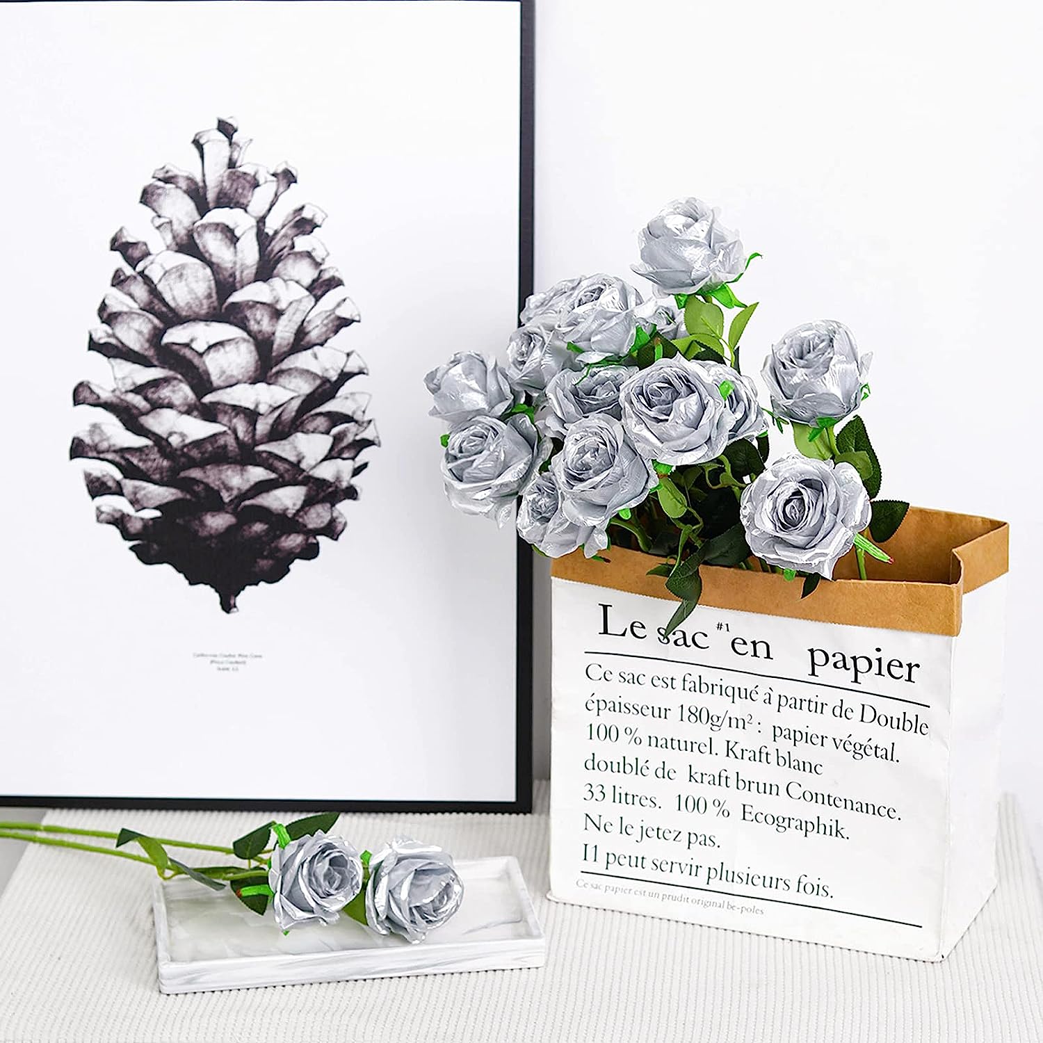 人工シルバーロングステムローズ、家庭、キッチン、寝室の装飾、 - Dried Flower Bunch のレビューと価格